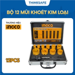 Bộ 12 mũi khoét kim loại INGCO AKH0121, Kích thước 20mm đến 50mm, bao gồm 2 lưỡi cưa khoét răng cưa - Thinksafe