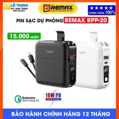 Pin Sạc Dự Phòng Remax RPP-20 15000mAh, Sạc Nhanh QC 18W, PD18W, tích hợp dây sạc, kiêm củ sạc