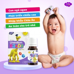 Vitamin D3K2 Lineabon Drops 10ml giúp bé cao lớn, ngủ ngon, giảm còi xương, canxi cho trẻ sơ sinh