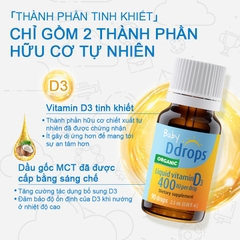 Vitamin D3 Ddrops 90 giọt Hữu Cơ 400IU Hỗ Trợ Phát Triển Xương và Khỏe Răng cho bé từ 0-12 tháng của Mỹ