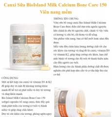 Canxi sữa hữu cơ Bone Care - hỗ trợ xương khớp- Bioisland Milk Calcium - hộp 150 viên