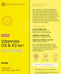 Vitamin D3K2 MK7 Nutrivitality tăng đề kháng cho bé từ sơ sinh của Anh Quốc 30ml