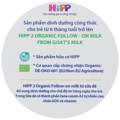 Sữa Dê HiPP Organic Số 2 400g Cho Bé Dị Ứng Đạm Sữa Bò 2026 – Sữa Dê Hữu Cơ Đức Beta-Casein A2 Dễ Tiêu Hóa Giảm Đầy Hơi Táo Bón Bổ Sung DHA ARA Hỗ Trợ Trí Não Miễn Dịch Chính Hãng 
