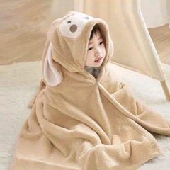 Chăn ủ choàng tắm lông mềm mịn mũ in hình thú cho bé ở nhà hoặc đi biển