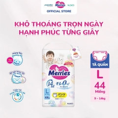 Tã Quần Merries Size L Cho Bé Từ 9-14kg (44 Miếng) 2026 – Tã Merries Nhật Bản Siêu Mềm Thoáng Khí Hấp Thụ Tốt Không Gây Hăm Da Hỗ Trợ Bé Thoải Mái Ngủ Ngon Chính Hãng Giá Rẻ