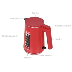 Ấm đun siêu tốc Sharp mini 1 Lít có lưới lọc, đun sôi nhanh EKJ-10DVPS - Thương hiệu Nhật - CHEAPMALL EKJ-10DVPS-RD - 17EVSD - 1.7L- 2200W