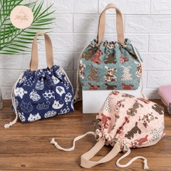 Túi đựng vải canvas cao cấp cho hộp cơm trưa văn phòng LocknLock dây rút dễ thương phong cách Nhật Bản HPCV07 - HAPOS Thỏ Xanh/ Hồng