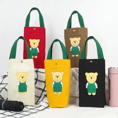 Túi vải canvas 2 lớp đựng bình ly giữ nhiệt LocknLock hình Gấu, khóa cài nam châm, lót chống thấm nước HPCV04 - HAPOS Gấu Đỏ/ Vàng