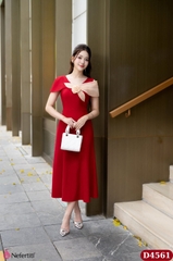 2D4561 - Đầm đỏ cài hoa nude thanh lịch