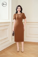 Đầm tay lỡ cổ tròn đính hoa màu nâu