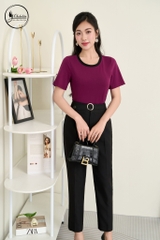 Áo cotton màu tím phối cổ tay