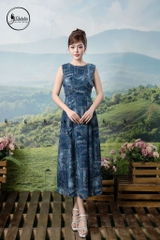 Đầm sát nách họa tiết phối dây chéo eo màu xanh