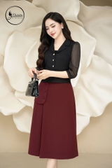 Áo sơ mi cổ vest tay phối voan tơ màu đen