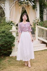 Áo sơ mi hoa cổ sen phối dây nơ màu hồng