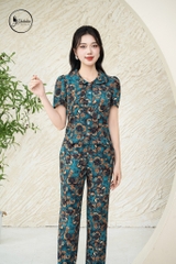 Sét bộ hoa xanh áo sơ mi cổ sen phối quần