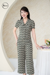 Sét bộ áo tay lỡ cổ sen xanh họa tiết