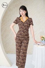Sét bộ họa tiết áo sơ mi tay lỡ phối cổ màu nâu