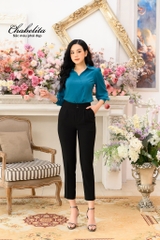 Sơ mi cổ đức tay loe rộng màu xanh
