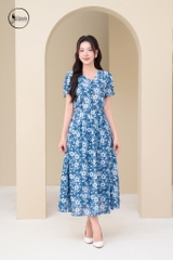 Sét bộ hoa sơ mi crotop phối chân váy màu xanh