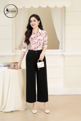 Áo sơ mi tay lỡ phối cổ nhọn màu hồng