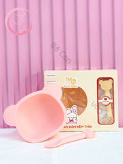 Set bát gấu kèm thìa silicon Mumbebe cho bé ăn dặm có đế hít chống lật