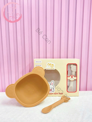 Set bát gấu kèm thìa silicon Mumbebe cho bé ăn dặm có đế hít chống lật