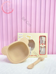 Set bát gấu kèm thìa silicon Mumbebe cho bé ăn dặm có đế hít chống lật