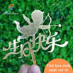 Que cắm trang trí bánh kem Phong Khang chữ sinh nhật vui vẻ bằng mica hình thiên sứ