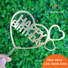 Que cắm trang trí bánh kem phong khang chữ happy birthday bằng mica viền trái tim