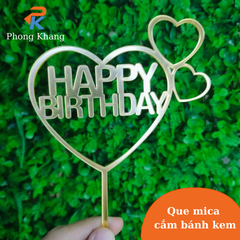Que cắm trang trí bánh kem phong khang chữ happy birthday bằng mica viền trái tim