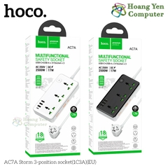 Ổ Cắm Hoco AC7A Đa Năng 2500W Dây 1.5m – Phích cắm EU, 3 Ổ Điện, 1 Cổng Type-C, 3 USB – BH 1 Năm – Hoàng Yến Computer
