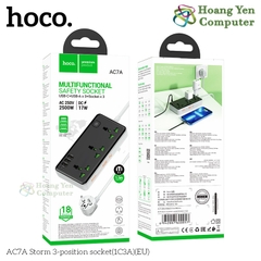 Ổ Cắm Hoco AC7A Đa Năng 2500W Dây 1.5m – Phích cắm EU, 3 Ổ Điện, 1 Cổng Type-C, 3 USB – BH 1 Năm – Hoàng Yến Computer