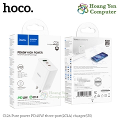 Cốc Sạc Nhanh HOCO C126 PD40W, QC 3.0 – 3 cổng (1 USB + 2 Type-C), Chuẩn US – BH 12 Tháng – Hoangyencomputer
