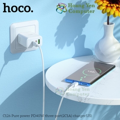 Cốc Sạc Nhanh HOCO C126 PD40W, QC 3.0 – 3 cổng (1 USB + 2 Type-C), Chuẩn US – BH 12 Tháng – Hoangyencomputer