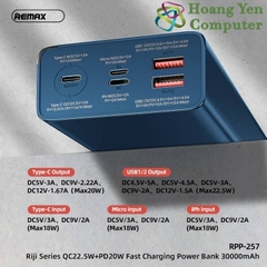 Sạc Dự Phòng Remax RPP-257 30000Mah (Sạc Nhanh QC3.0 18W, 22.5W, PD20W, VOOC 2.0) - BH 1 Năm - Hoàng Yến Computer