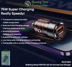 Tẩu Sạc Ô Tô Remax RCC360 75W 2 cổng ( USB & TypeC ) PD + QC - BH 12 Tháng - Hoàng Yến Computer