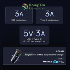 Tẩu Sạc Ô Tô Remax RCC361 Fast Charging 3A – Nhỏ Gọn, 2 Cổng Sạc (USB + Type-C) – BH 6 Tháng – Hoangyencomputer