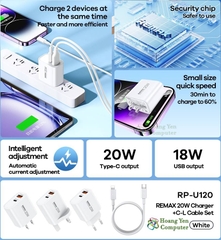 Bộ Sạc Nhanh PD 20W Remax RP-U120 Chính Hãng 2 Cổng Sạc (Cổng USB + Cổng Type C) - BH 12 Tháng - Hoàng Yến Computer
