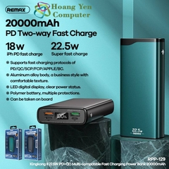 Pin Sạc Dự Phòng Mini Remax RPP-129 20000Mah (Sạc Nhanh QC3.0 18W, 22.5W, PD 18W) - BH 1 Năm
