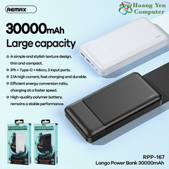 Sạc Dự Phòng Remax RPP-167 30000mAh Lõi Polymer 3 Cổng Sạc Vào, 2 Cổng Sạc Ra - BH 1 Năm