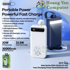 Sạc Dự Phòng Remax RPP-522 30000Mah (Sạc Nhanh QC3.0 18W, 22.5W, PD20W, VOOC 2.0) - BH 1 Năm - Hoàng Yến Computer