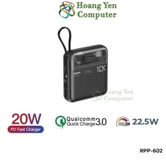 Sạc Dự Phòng Mini Remax RPP-602 10000Mah (Sạc Nhanh QC3.0, VOOC 2.0, PD20W), Tích Hợp Cáp Sạc - BH 1 Năm