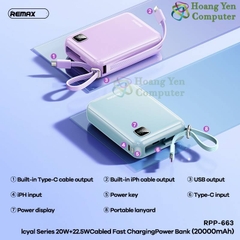 Sạc Dự Phòng Mini Remax RPP-663 20000Mah (Sạc Nhanh QC3.0, VOOC 2.0, PD20W), Tích Hợp Cáp Sạc - BH 1 Năm