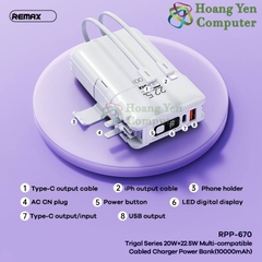 Sạc Dự Phòng Remax RPP-670 10000Mah (Sạc Nhanh QC3.0, VOOC 2.0, PD20W), Tích Hợp Cáp Sạc, Nguồn AC Sạc Trực Tiếp