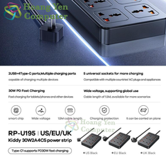 Ổ Cắm Điện Đa Năng Remax RP-U195 2500W (5 cổng AC, 2 cổng USB, 4 cổng Type C PD65W) - BH 6 Tháng | Hoangyencomputer