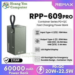 Pin Dự Phòng Remax RPP-609 Pro 60000mAh Sạc Nhanh PD20W QC22, Tích Hợp Đèn LED, Màn Hình Hiển Thị - Hoàng Yến Computer