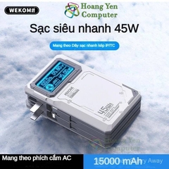 Sạc Dự Phòng Wekome WP-88 15000Mah 45W (Sạc Nhanh QC3.0, VOOC 2.0, PD20W), Tích Hợp Cáp Sạc, Nguồn AC Sạc Trực Tiếp