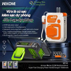 Sạc Dự Phòng Không Dây Wekome WP-89 10000Mah (Sạc Nhanh QC3.0, VOOC 2.0, PD20W), Tích Hợp Cáp, Nguồn AC Sạc Trực Tiếp