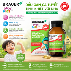 Dầu cá Tuyết bổ sung DHA Brauer Ultra Pure Cod Liver Oil dầu cá cho trẻ từ 1 tuổi dạng 90 viên nang