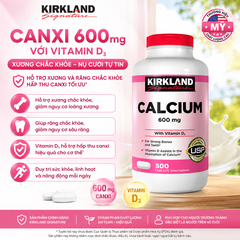 Viên uống chắc khỏe xương Calcium 600mg with Vitamin D3 Kirkland Signature 500 viên - Hàng Mỹ Chính Hãng